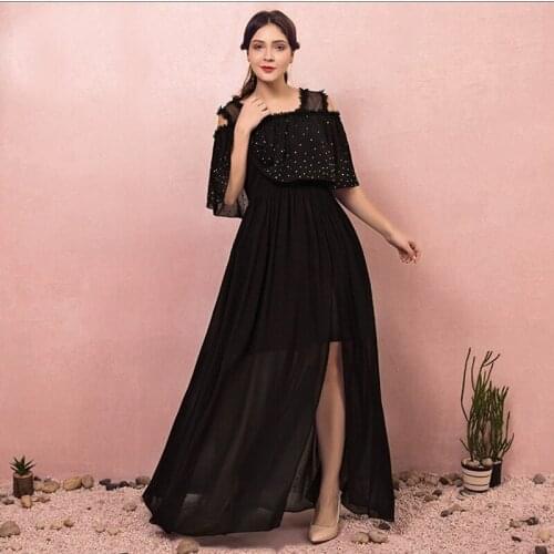New Ruffles Boat Neck Evening Dress Short Sleeves Beads Simple Tulle A-Line Floor-Length Black Plus Size Women Formal Gowns D836