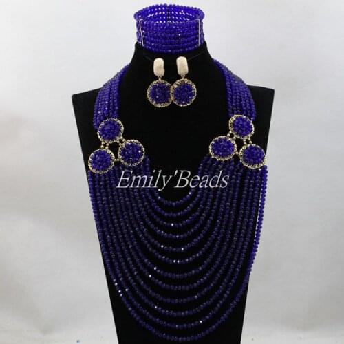 Charming Royal Blue African Beads Jewelry Set Costume Nigerian Wedding Bridal Crystal Necklace Jewelry Set Free shipping ALJ541