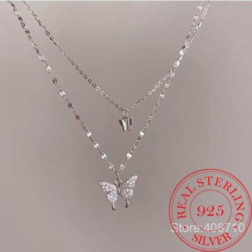 925 Sterling Silver Flash Diamond Butterfly Double Necklace For Women Simple Design Crystal Elegant Wedding Jewelry Gifts