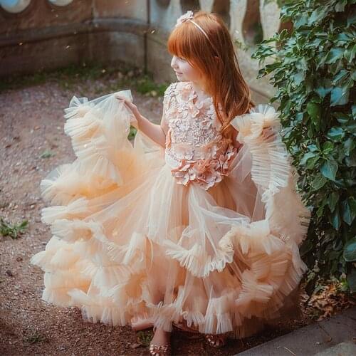 Champagne Flower Girl Dress Ruffles Floral Appliqued Tiered Skirts Kids Gowns For Wedding Birthday First Holy Communion Dresses