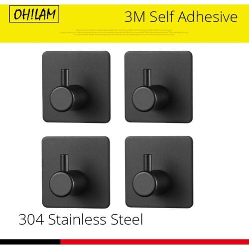 Self-adhesive Matte Black 304 Stainless Steel Robe Hooks Wall Door Clothes Hanger Kitchen Bathroom Towel Hooks