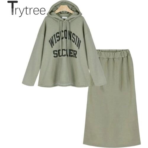 Trytree 2020 Autumn Winter Two piece set Hooded Drawstring Letter Sweatshirt Top + Skirt Solid Fashion Mid-Calf Set 2 Piece Set