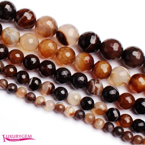 High Quality 4,6,8,10,12,14mm Natural Faceted Round Shape Brown Banded Agates Stone DIY Gems Loose Beads Strand 15 Inch wj328