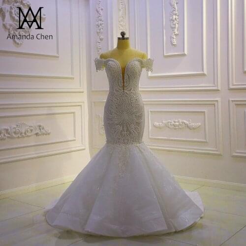 High Quality African Off Shoulder Lace Applique Low Cut Mermaid Wedding dress