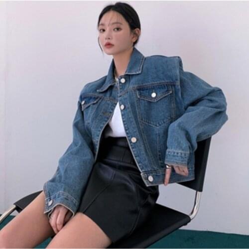 2021 Spring and Autumn New Korean Vintage Pleated Padded Shoulder Loose Denim Jacket Short Coat For Women Streetwear Outerwear
