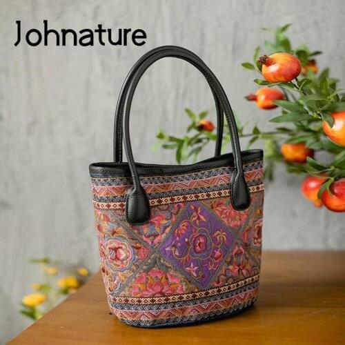 Johnature Retro Exquisite Embroidery Women Flower Bucket Bag 2021 New Original Design Versatile Denim Linen Luxury Handbag