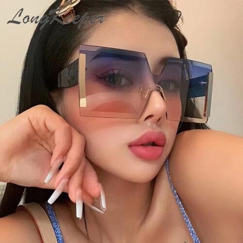 LongKeeper Square Oversized Sunglasses Women Rimless Flat Top Vintage Designer Sun Glasses Gradient UV400 oculos masculino