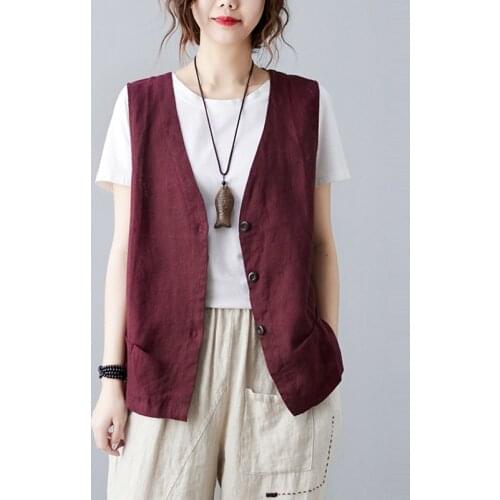 Women Cotton Linen Casual Vests Jackets New Arrival 2021 Summer Vintage Style V-neck Solid Color Loose Female Vest Coats B267