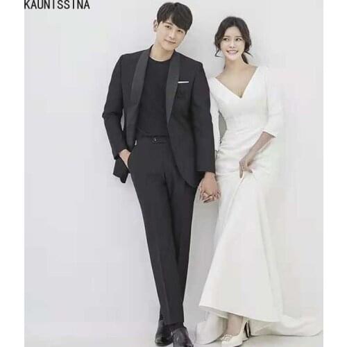 KAUNISSINA Simple Satin Wedding Dresses V-Neck Half Sleeve Mermaid Wedding Gowns Plus Size Elegant White Bride Dress Vestidos