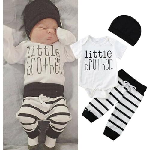 2020 Newborn Baby Boy Summer Clothes Little Brother Jumpsuit Bodysuit+Striped Pants+Hat 3Pcs Infant Boys Clothing Set 0-18M