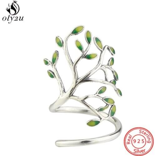 925 Sterling Silver Green Leaf Rings for Women Temperament Jewelry Simple Tree Branches Leaves Open Ring Hypoallergenic Gift