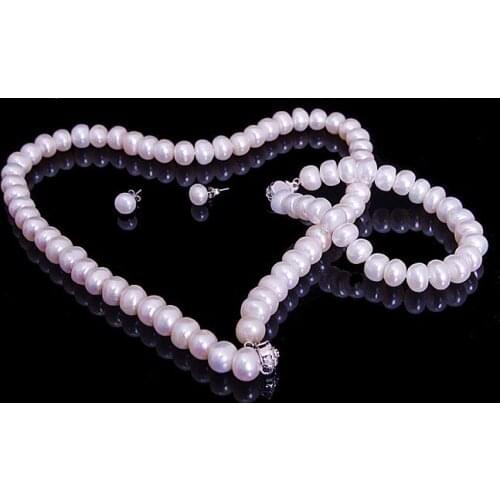WHITE COLOR!!! 9-10MM Super Big Size Fashion Freshwater Pearl Necklace Bracelet Earrings Set Nice Looking Jewellery Party Gift