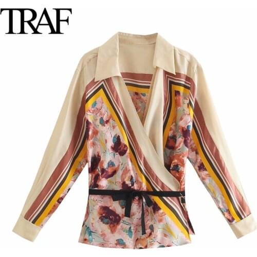 Traf Za Women Fashion Bow Satin Shirt Vintage Loose Print Long Sleeve Blouses Chic Office Ladies Tops Mujer