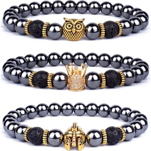 Vintage Hematite Owl Charm Bracelets Men Lava Stone Crown Warrior Helmet Bracelets & Bangles for Women Friendship Jewelry Gift