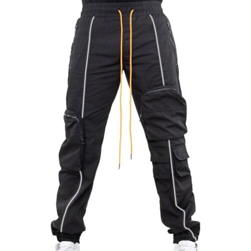 2021 Mens New Multi-Pocket Reflective Strip Cargo Trousers Mens Leisure Sports High Street Joker Trend Tie Up Leg Trousers