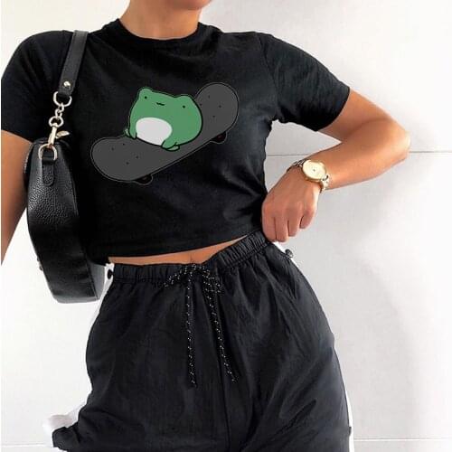 Cute Skateboard Frog Streetwear Print Tee Women Black Short Sleeve Aesthetic T Shirts Harajuku Casual Summer Oversized Crop Tops