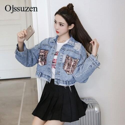 Cool Cropped Jeans Jackets For Female Spring Coats Short Women Sequins Jacket Denim Ripped Outerwear Streetwear Jeans Coat