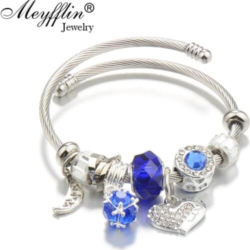 Meyfflin Silver Color Charm Bracelets for Women Vintage Heart Pendant Crystal Beads Bracelet & Bangle Jewelry Fashion Jewelry
