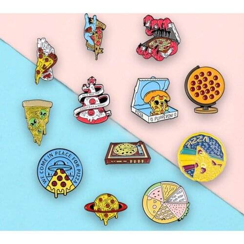 Multi-element Pizza Series Pins UFO Alien Dog Tree Hands Enamel Metal Pins Brooches Badges Lapel Clothes Bag Pins Jewelry Gifts