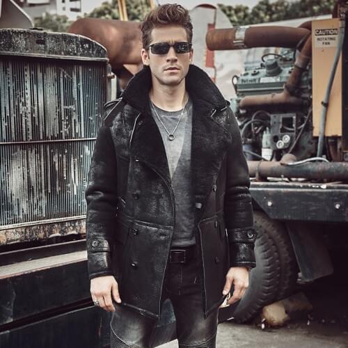 2019 newest Mens genuine leather Shearling Moto biker jacket long section real fur male thick coat handsome locomotive slim fur