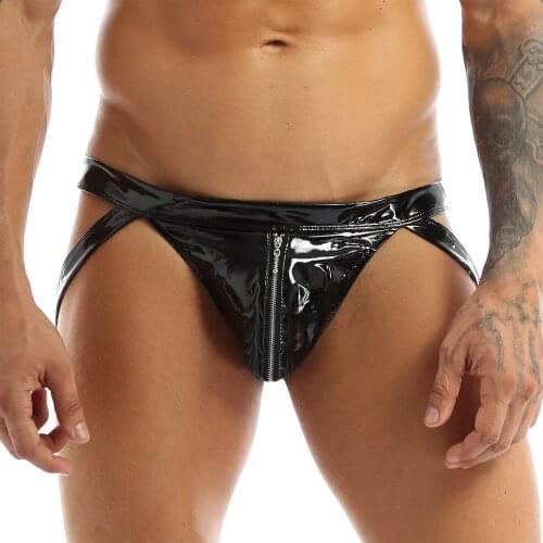 MSemis Mens Open Butt Sexy Underwear Wetlook Patent Leather Jockstraps Bikini G-string Zipper Crotch Gay Briefs Lingerie Panties