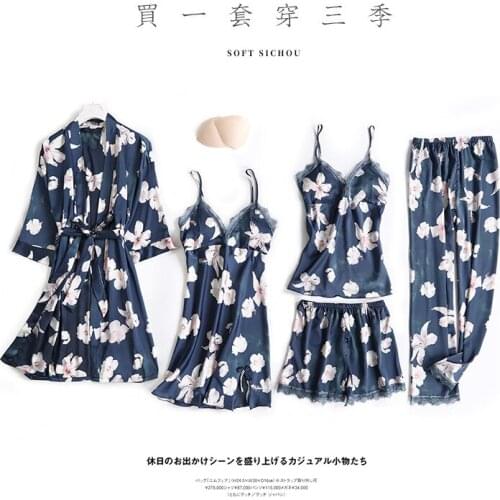 Pajama Blue Print Five-Piece Sleepwear Nightgown With Shorts Sexy Imitation Silk Pajama Lounge Intimate Lingerie Casual Homewear
