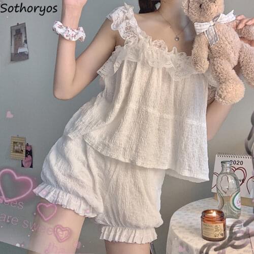 Sleeveless Women Pajama Sets Thin Lace Solid Sweet Shorts Summer Korean Style Sexy Pjs Cute Pijamas Lady Sleepwear Trendy Daily