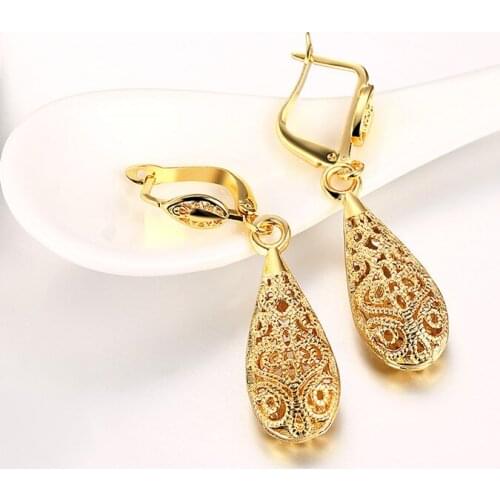 Luxury Filigree Dangle Earrings Yellow Gold Filled Vintage Womens Water Drop Earrings