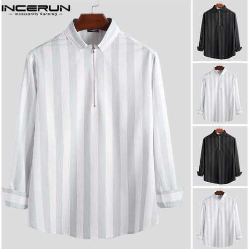 INCERUN Fashion Men Striped Shirt Long Sleeve Leisure Zippers Blouse Slim Lapel Brand Streetwear Mens Casual Shirts 2021 S-5XL