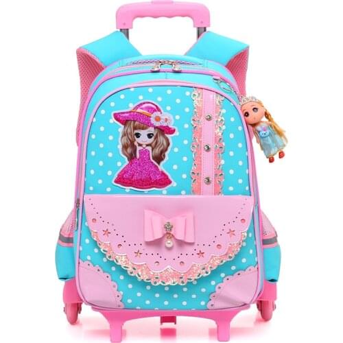 Children Cartoon Trolley School Bag Backpack Wheeled School Bag For Grils Kids 2/6 Wheels Schoolbag Student Backpacks Bags