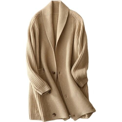 SHUCHAN Design Thick Cardigan 100% Cashmere Double Breasted High Street Turn-down Collar Fashion Sweater Women Cardigan Long