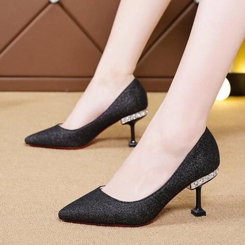 2021 Crystal Heels Pumps Women Wedding Shoes Bridal Silver Pointed Toe Bling High Heels Ladies Sequined Cloth Boat Shoes Black