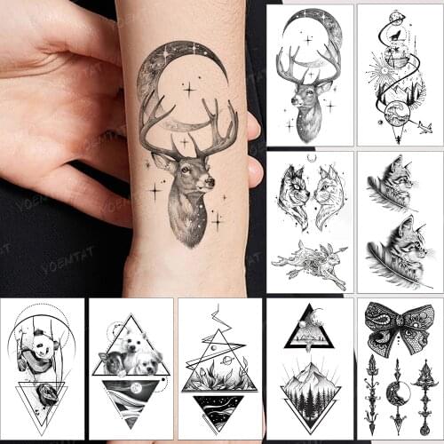Waterproof Temporary Tattoo Sticker Deer Moon Star Black Tatto Realistic Body Art Tatoo Arm Leg Woman Man Child Fake Tattoos