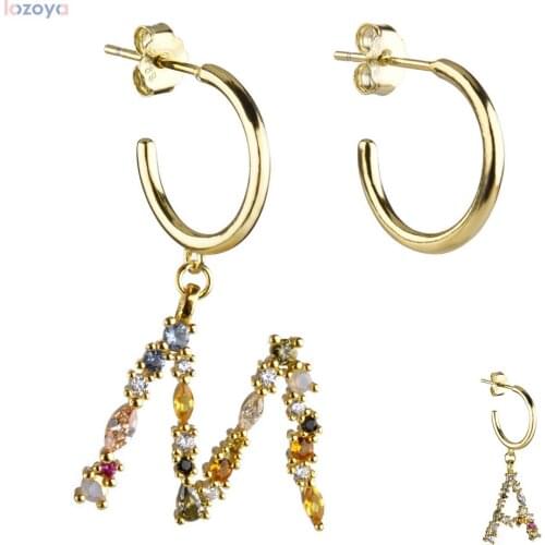 LOZOYA 925 Sterling Silver Gold M S Letter Earring 2021 Rainbow Drop Earrings Hoops Colorful Initial Alphabet Women Jewelry