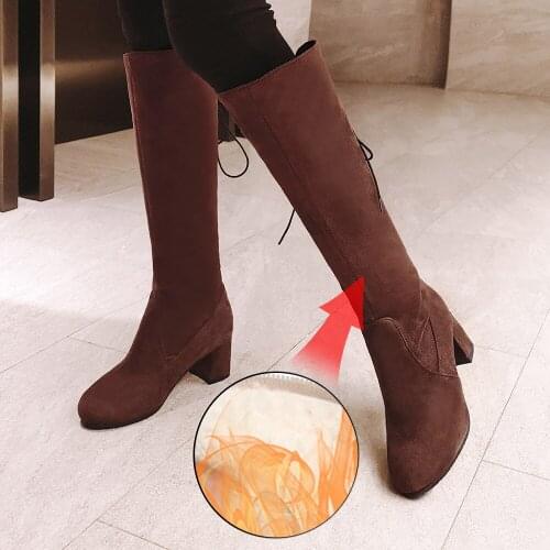 Plus Size 34-48 Women Boots Flock Winter Thick Heel Knee High Boots Round HeadHigh Heel Tall Boots Winter Warm Comfy Footwear