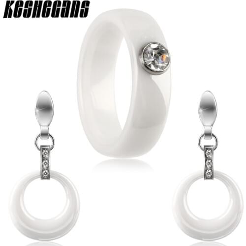 2018 Ceramic Jewelry Set Elegant White Color Sets Hollow Round Drop Earrings And 6mm Wide Rings With Shining Crystal Women Gifts