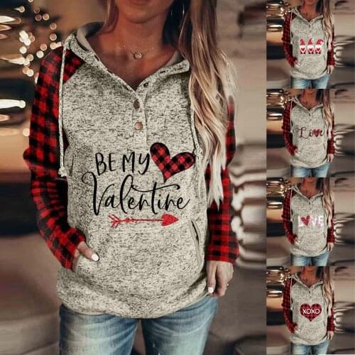 Women Hooded Sweatshirt Pullover Pockets Drawstring Top Buttons Valentines Day Personalized Text Pattern Splicing Hoodie Shirt