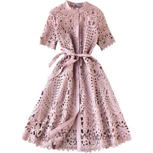 2021 New Arrival Spring Summer Women Short Sleeve Slim Dress High Quality Hollow Out Chemical Lace Runway Vintage Dress