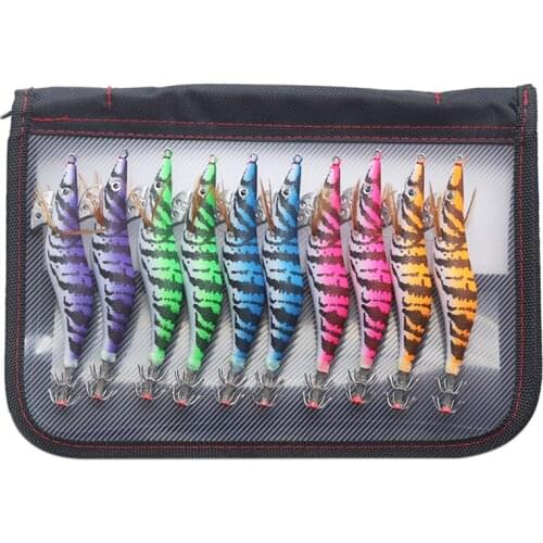 10Pcs Artificial Squid Jigs lures Wood Shrimp Fishing Bait 12cm 3.0# Octopus Cuttlefish Lures with Storage Box