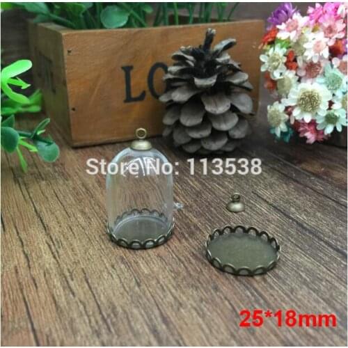 Freeshipping 100sets/lot 25*18mm Glass bubble & bronze 18mm lace base blank & 6mm cap DIY glass bottle tube globes vial pendant