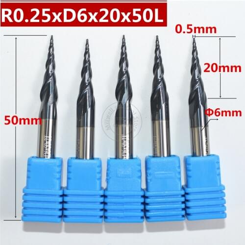 Free shipping- R0.25*D6*20*50L*2F HRC55 Tungsten solid carbide Coated Tapered Ball Nose End Mill taper and cone end mills