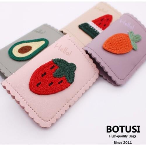 New Cartoon Cute Fruit Avocado Carrot Strawberry Yarn Woven PU Leather Small Wallet Card Holder 22 Bits Case Business ID Holders