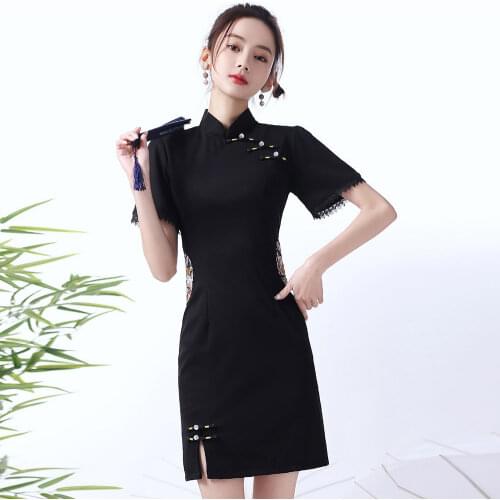 Black Short Sleeve Qipao Traditional Chinese Clothing Fashion Modern Cheongsam Dress For Women Party Evening Gown Summer Mini