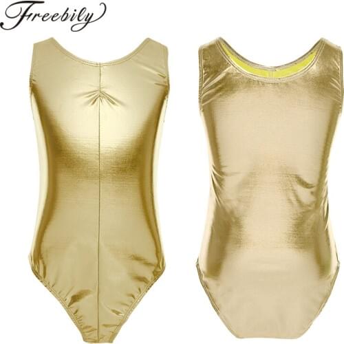 Kids Girls Sleeveless Shiny Patent Leather Ballet Dance Gymnastics Leotard One-Piece Swimsuit Children Stage Dance Wear