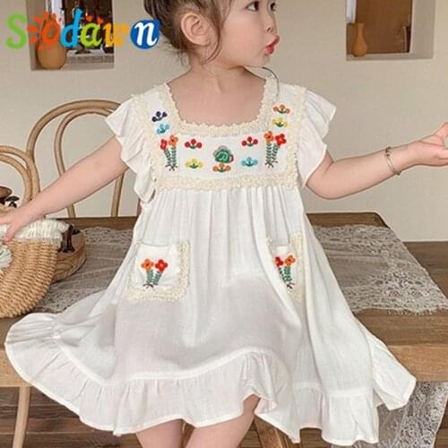 Sodawn Summer Dress White Simple Flying Sleeve Dress Children Dresses Kid Clothes Dress For Girls Baby Clothes