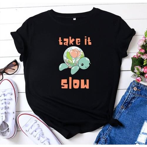 100% Cotton Oversized Womens T-shirt O-Neck Short Sleeve Harajuku Cartoon Funny Take it Slow Top Casual Female T shirt Summer
