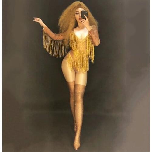 Nightclub Sparkly Gold Stones Tassel Jumpsuit Rhinestones Sexy Bodysuit Singer Evening Stage Wear Womens Birthday Celebrate