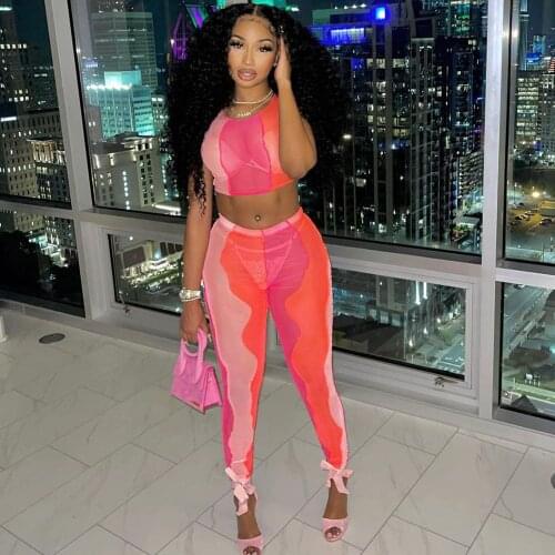 Sexy Wave Striped Mesh Sheer Two Piece Set Club Birthday Outfits for Women Matching Sets Sleeveless Crop Top and Leggings Sets