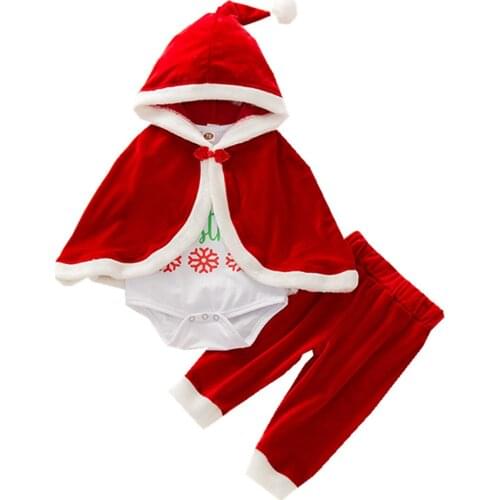 3pcs Baby Girls Christmas Clothes Set, Letter Print Long Sleeve Jumpsuit + Elastic Waist Trousers + Hooded Cloak Baby Outfits