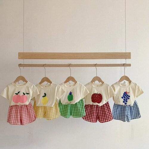 Girls Clothes Sets 2021 Cute Summer Baby Girl Fruits Print Tops And Plaid Shorts 2pcs Outfits Children Casual Clothing